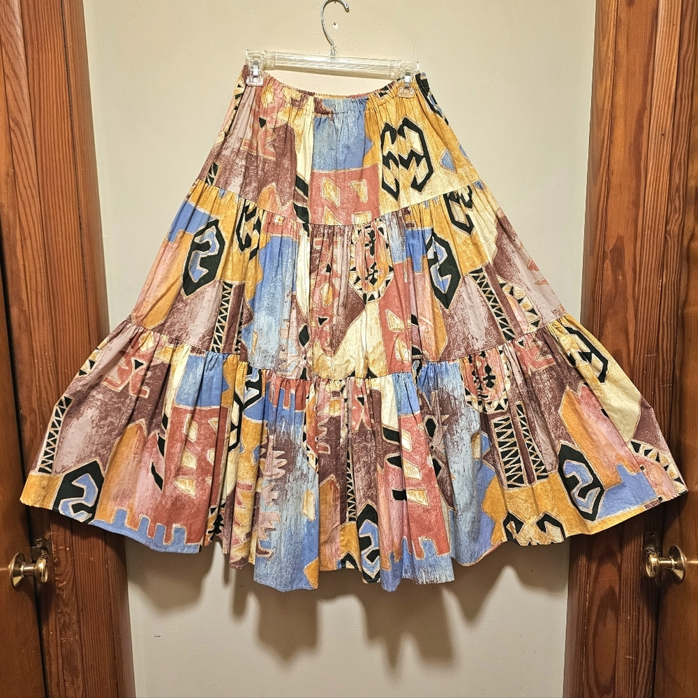 Vintage Southwest Aztec Print Tiered Maxi Skirt